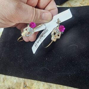 Crystal Skull Hoop Earrings with Pink Rose Accent